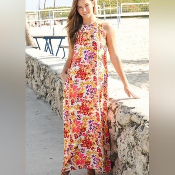 Natural Life Floral Maxi Dress Rayon Sleevless Halter Boho Summer Pockets M - Picture 10 of 13
